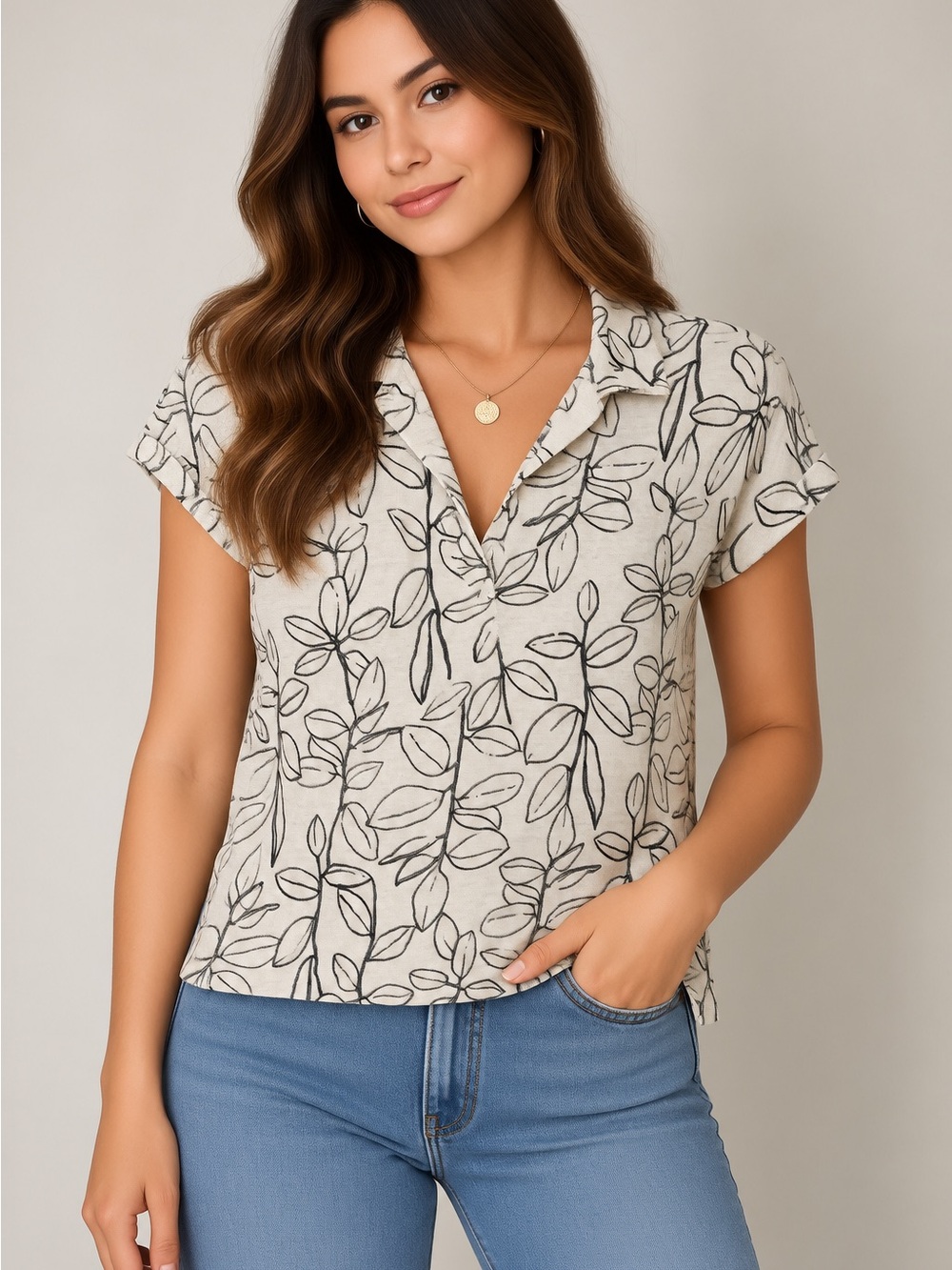 Cynthia Rowley 100% Linen Cream Short-Sleeve V-Neck Top with Black Leaf Pattern